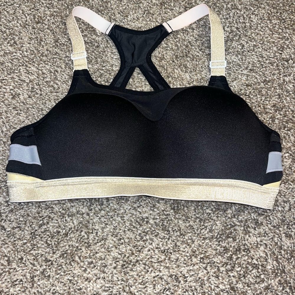 Victoria secret racer back sports bra black gold and silver in size 34B - Picture 1 of 7